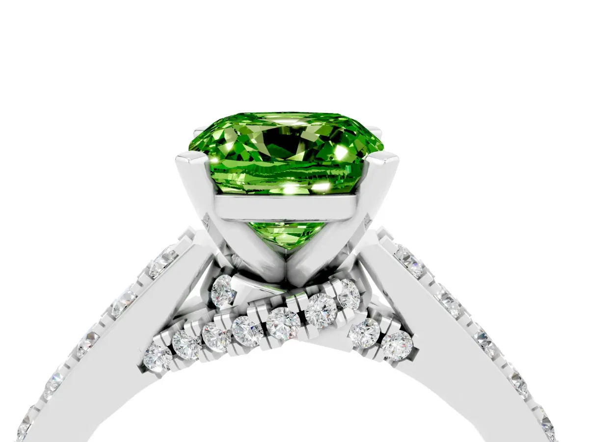 Cushion Cut Peridot Solitaire Ring with Crossover Gallery and Round Pavé Band Silver