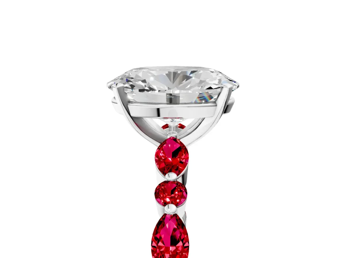 Oval Cut Diamond Ring with Marquise and Round Ruby Side Stones and Four-Prong Setting White gold