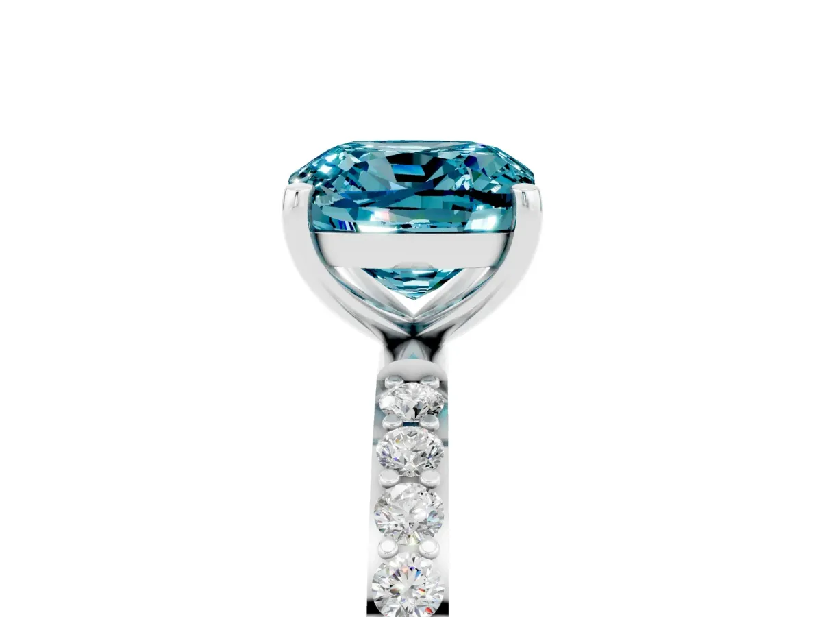 Cushion Cut Blue Topaz Solitaire Ring with Round Pavé Band and Prong Setting Silver