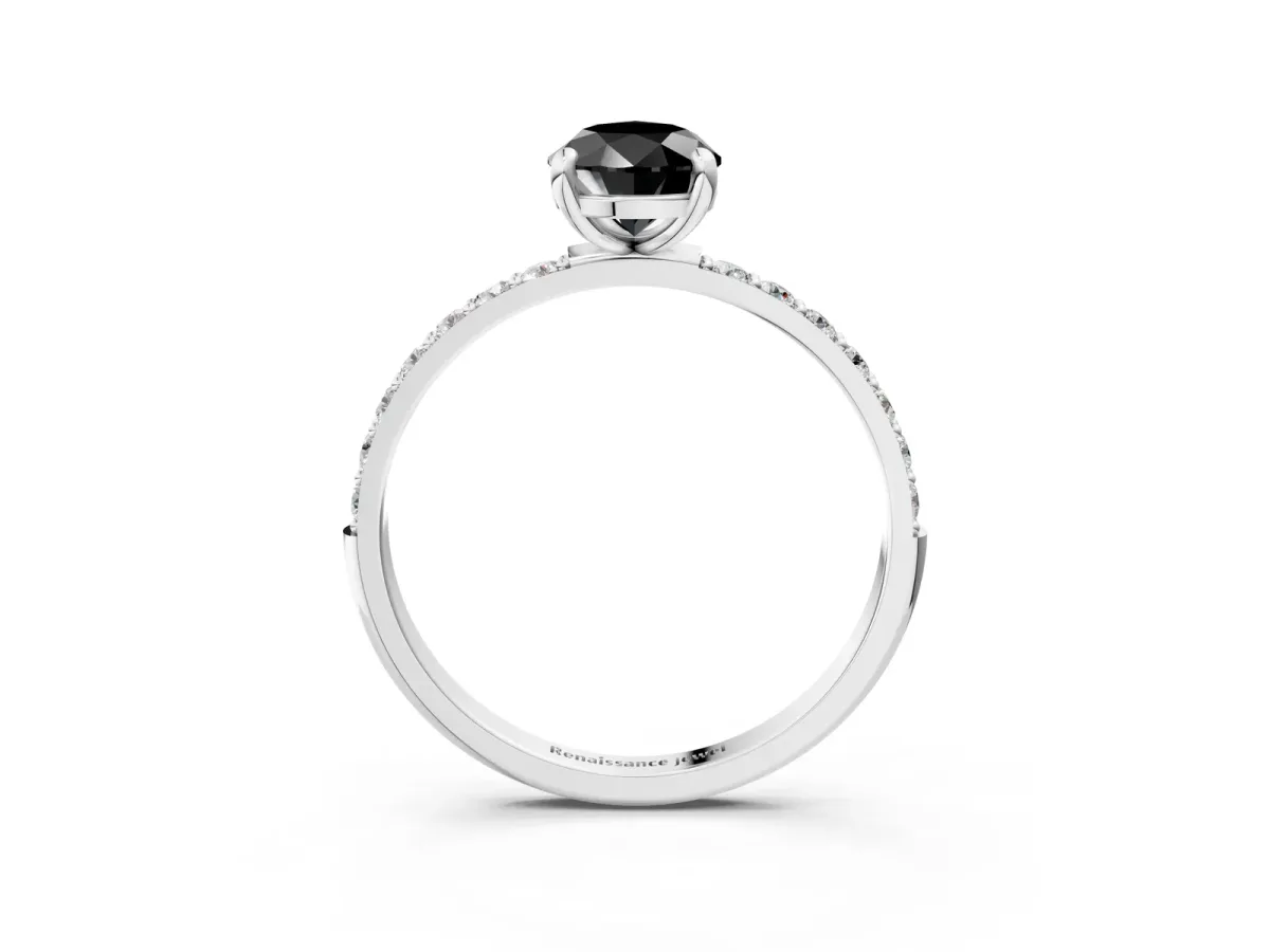 Fancy Black Pear Cut Diamond Solitaire Ring with Round Pavé Band and Prong Setting Silver