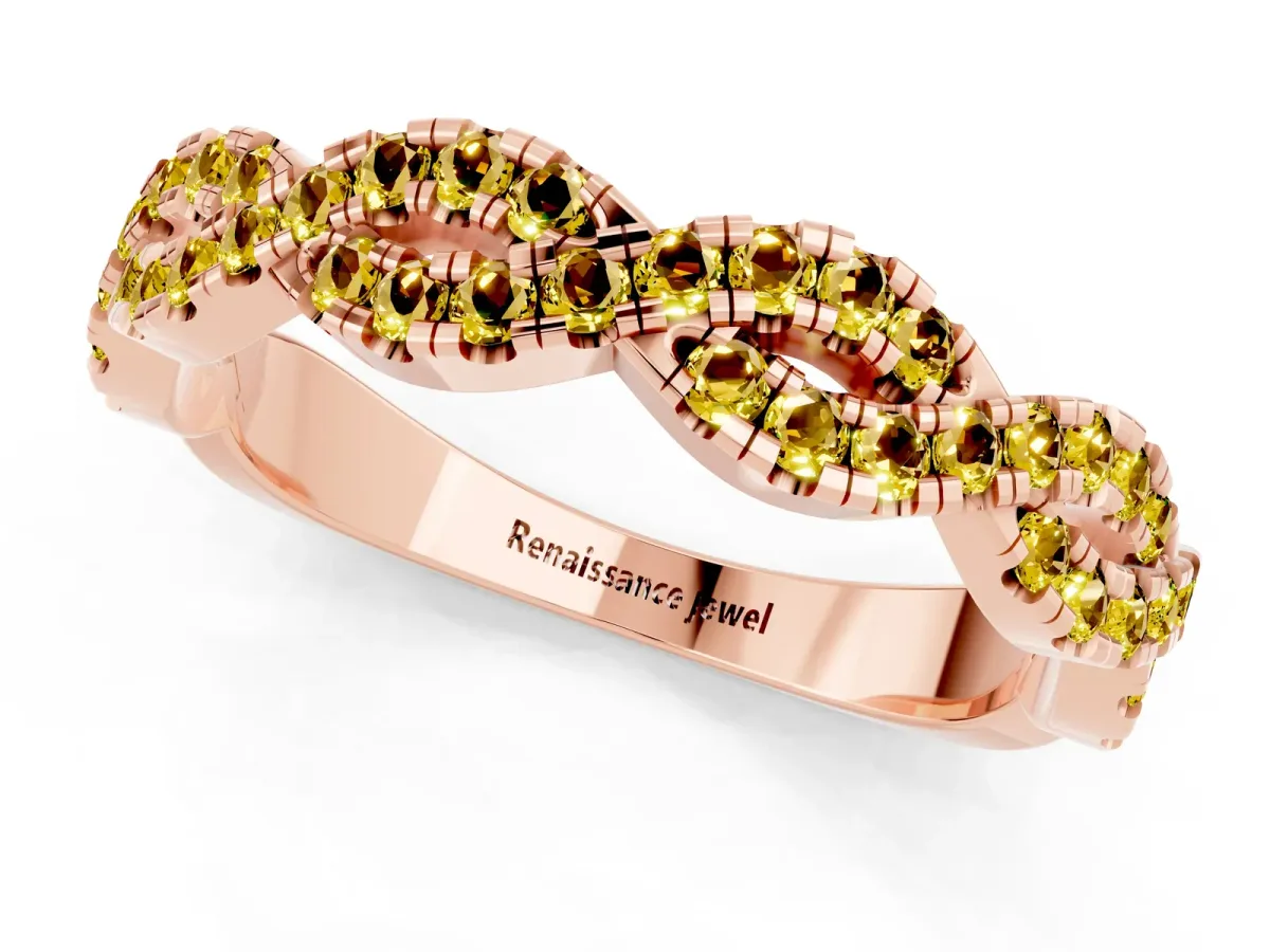 Round Yellow Sapphire Twisted Eternity Band with Pavé and Shared Prong Setting Rose gold