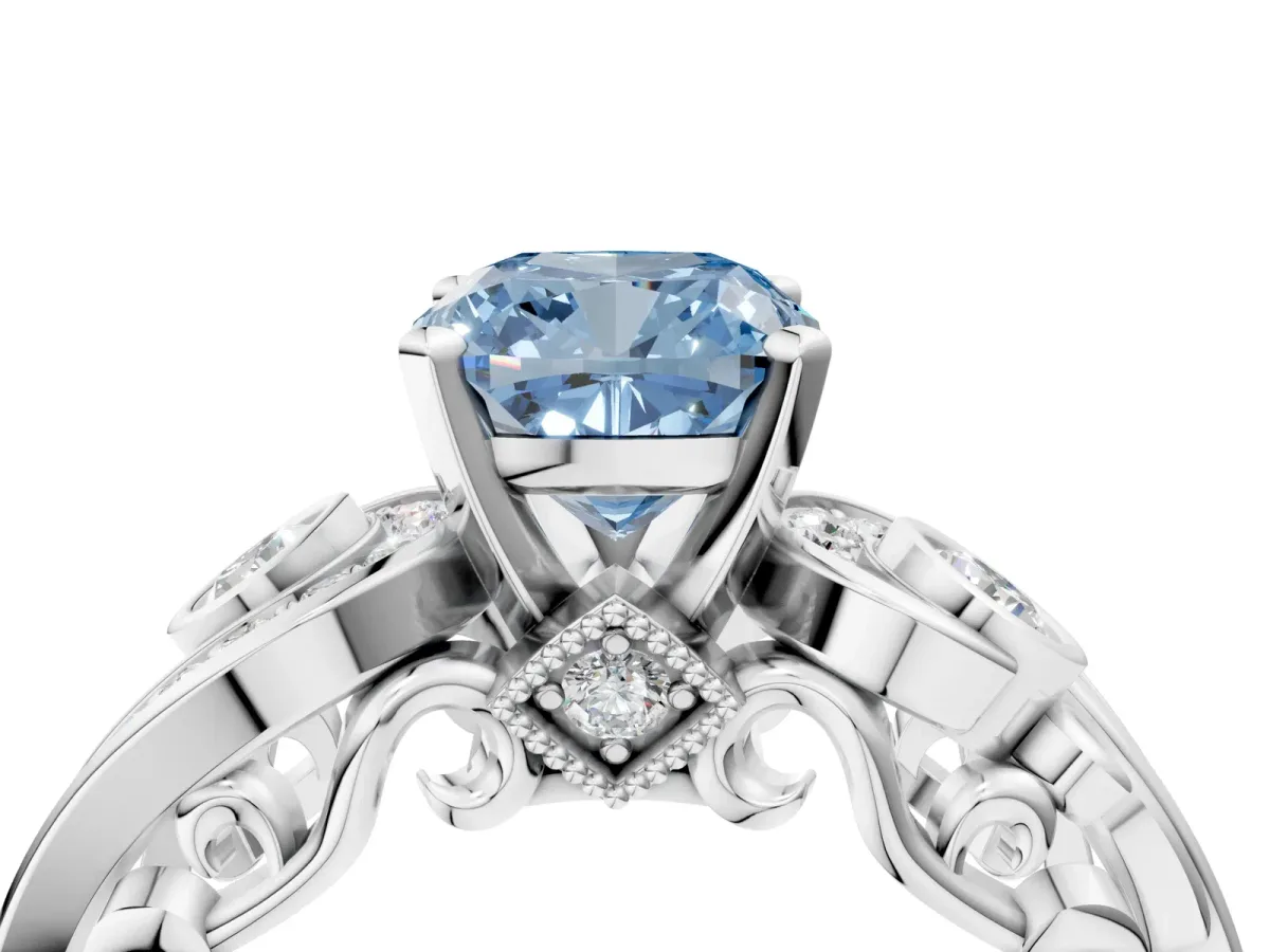 Fancy Blue Cushion Cut Diamond Solitaire Ring with Milgrain Pavé Band and Four-Prong Setting Silver