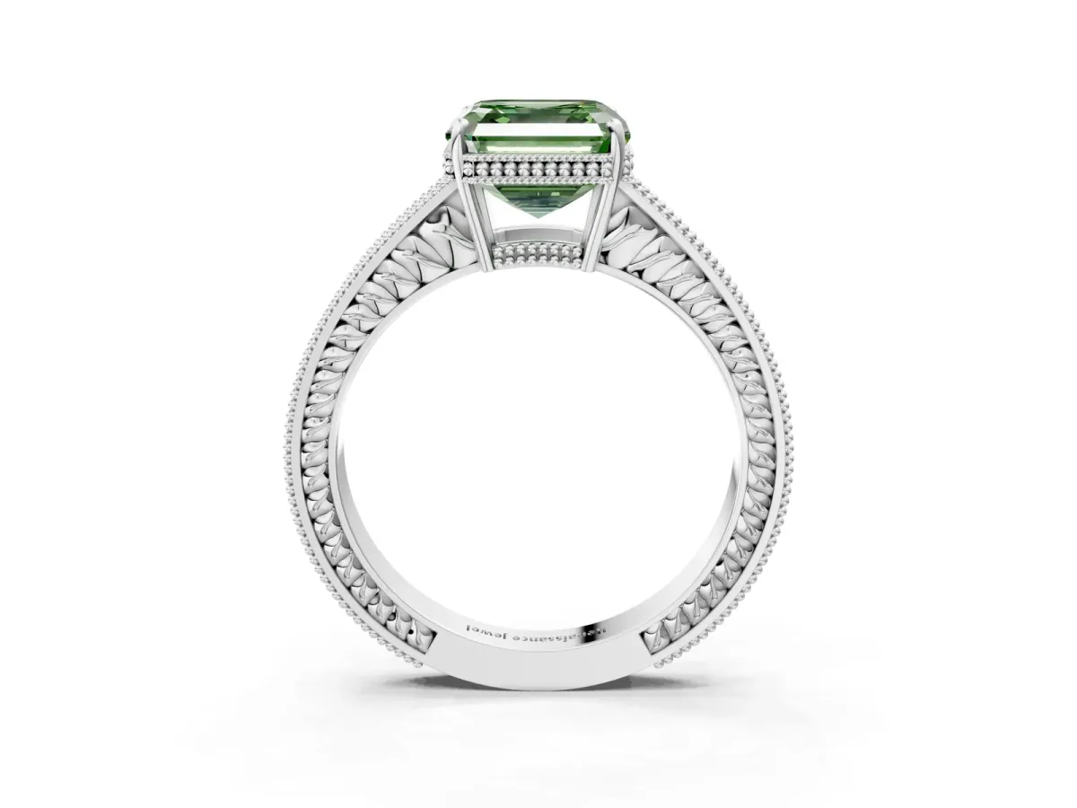 Fancy Green Asscher Cut Cut Diamond Milgrain Pave Band Four-Prong Setting Ring Platinum