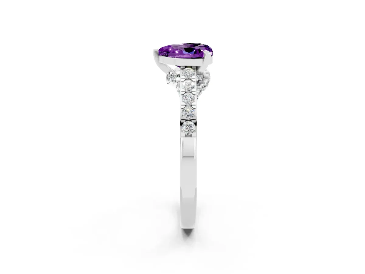 Heart Cut Amethyst Solitaire Ring with Crossover Gallery and Round Pavé Band Silver