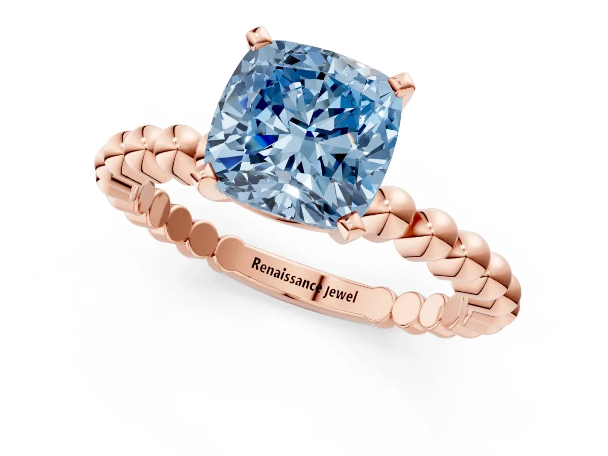 Fancy Blue Cushion Cut Diamond Solitaire Ring with Beaded Band and Prong Setting Rose gold