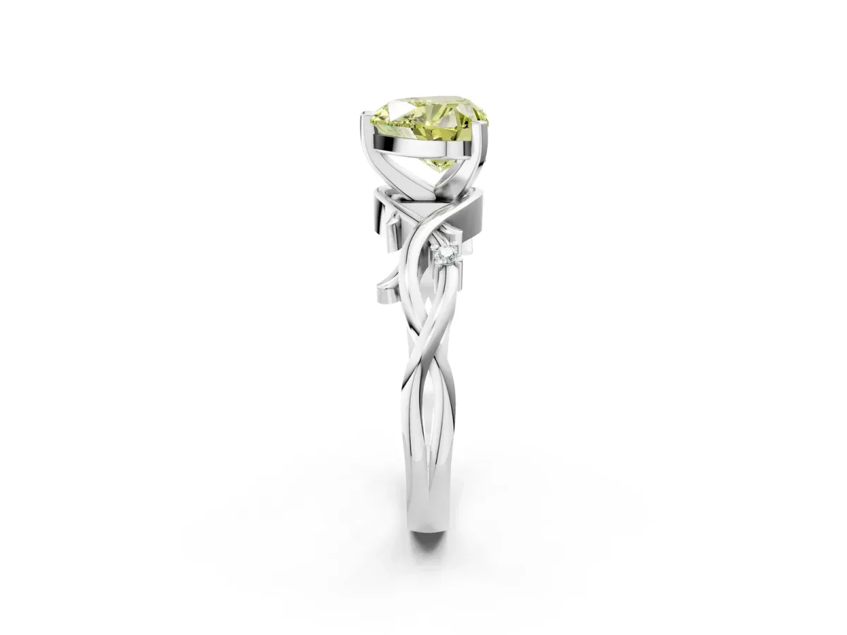 Fancy Yellow Heart Cut Diamond Solitaire Ring with Twisted Band and Prong Setting Silver