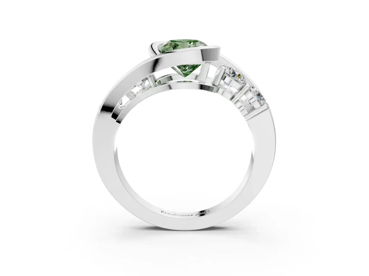 Fancy Green Bezel Set Cushion Cut Diamond Bypass Ring with Round Accents Platinum