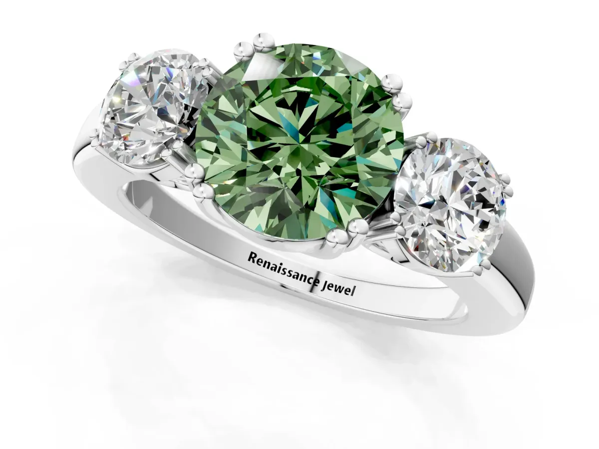 Fancy Green Three-Stone Round Cut Cut Diamond Ring with Channel Set Band and Four-Prong Setting Silver