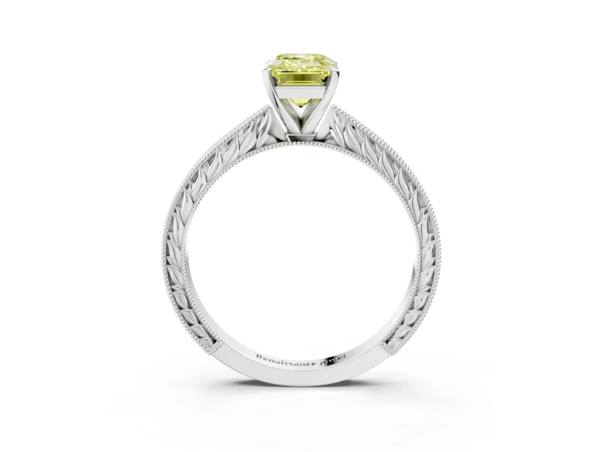 Fancy Yellow Emerald Cut Solitaire Milgrain Engraved Band with Four-Prong Setting White gold