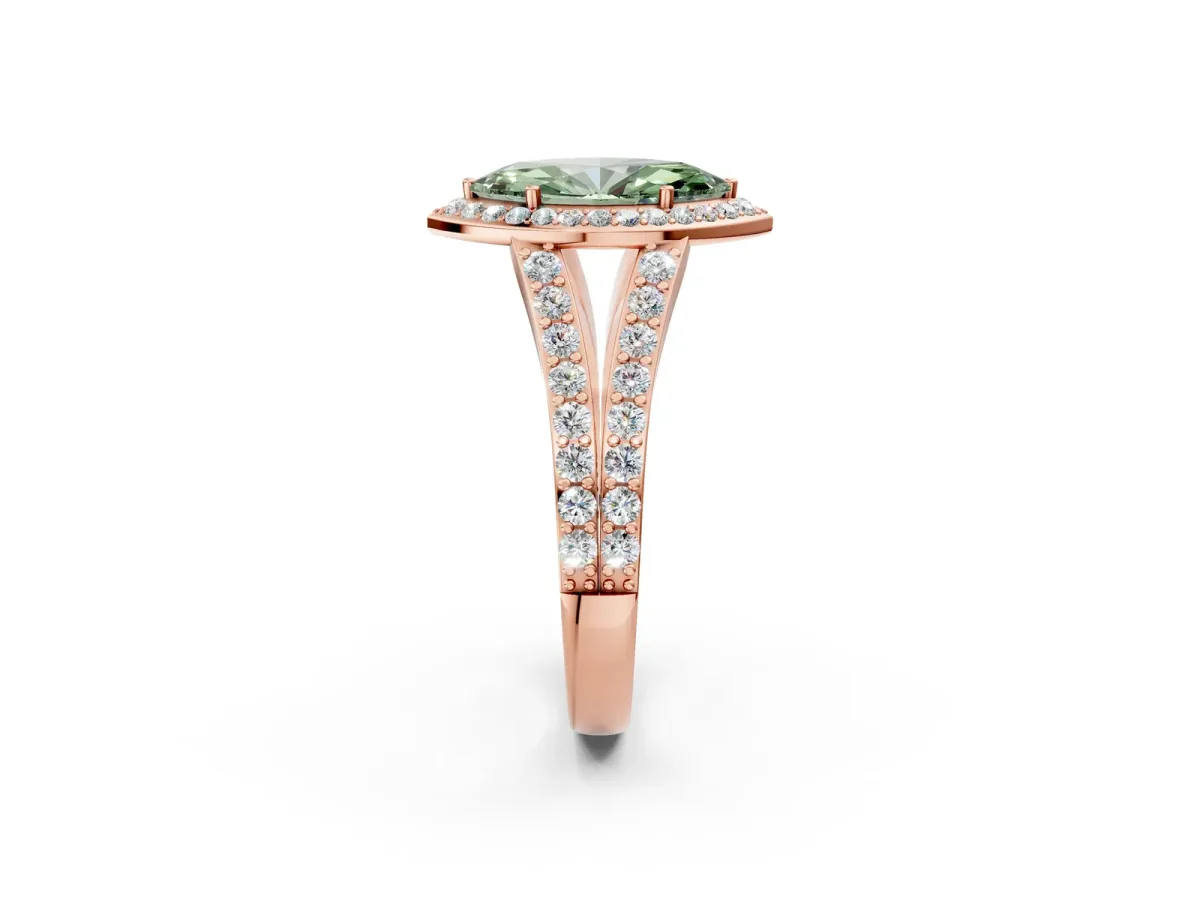 Fancy Green Marquise Cut Diamond Split Shank Halo Ring with Four-Prong Setting Rose gold