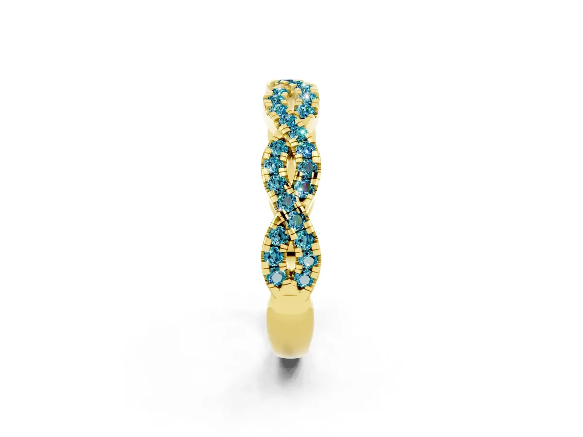 Round Blue Topaz Twisted Eternity Band with Pavé and Shared Prong Setting Yellow gold