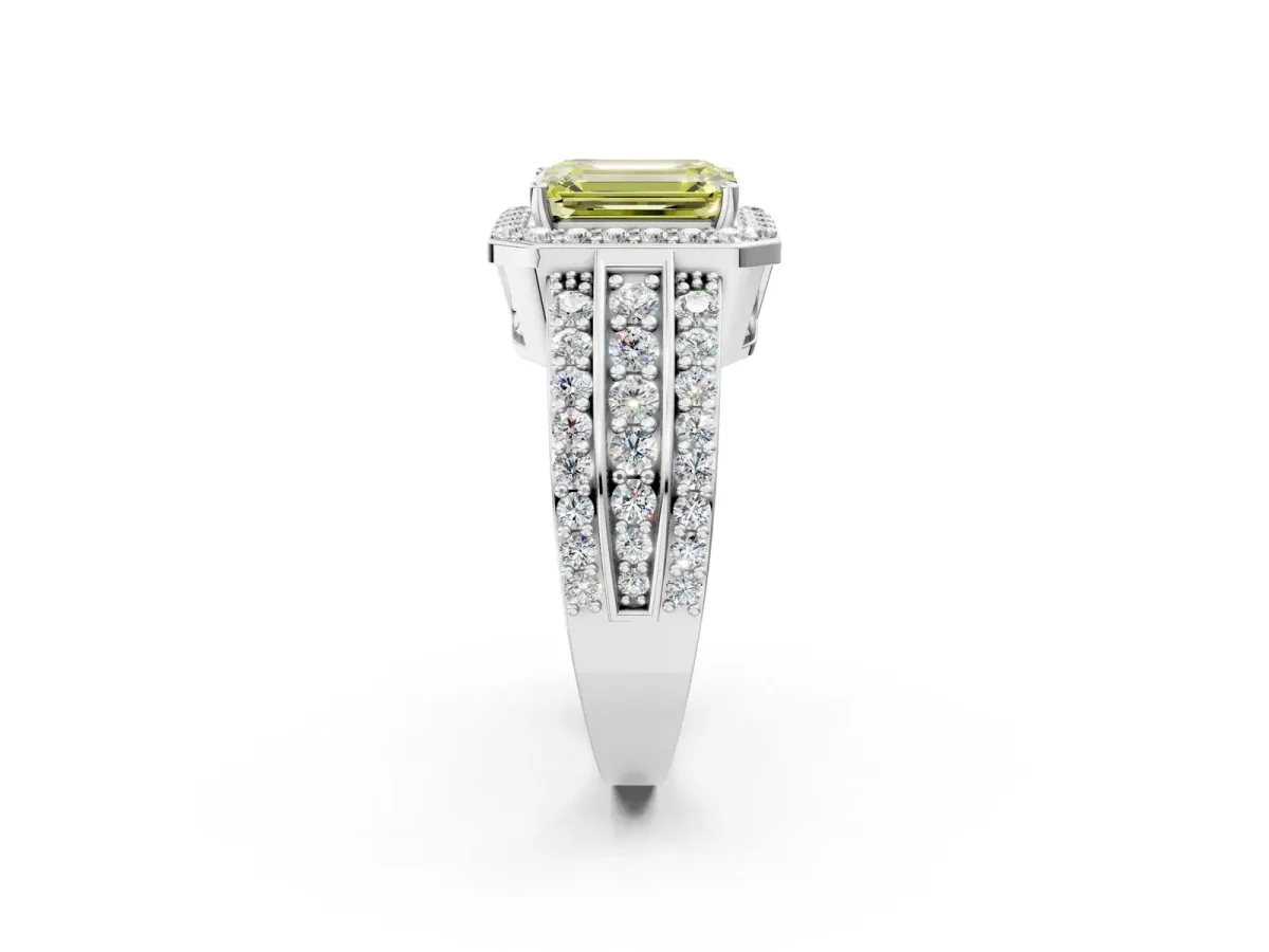 Fancy Yellow Emerald Cut Halo Diamond Ring with Round Split Shank and Prong Setting White gold