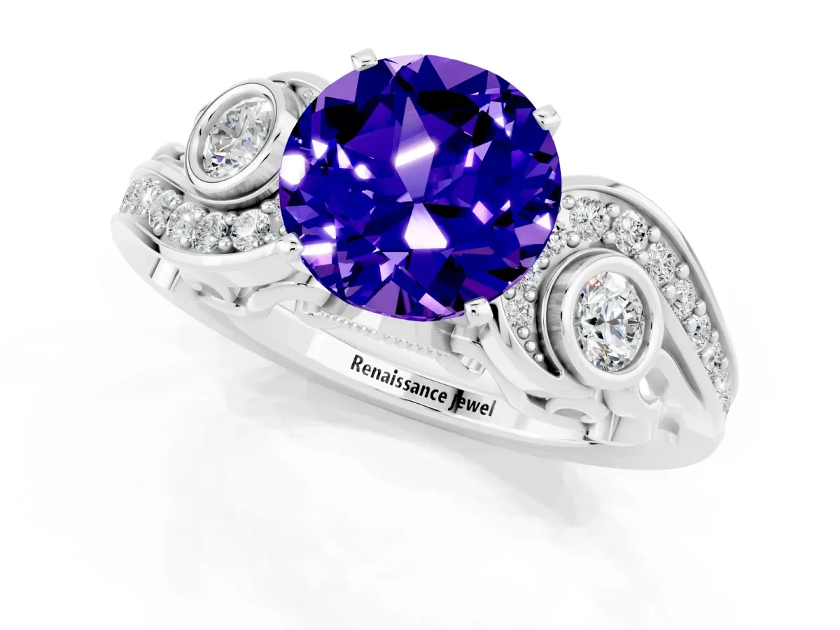 Round Cut Tanzanite Solitaire Ring with Milgrain Pavé Band and Four-Prong Setting Silver