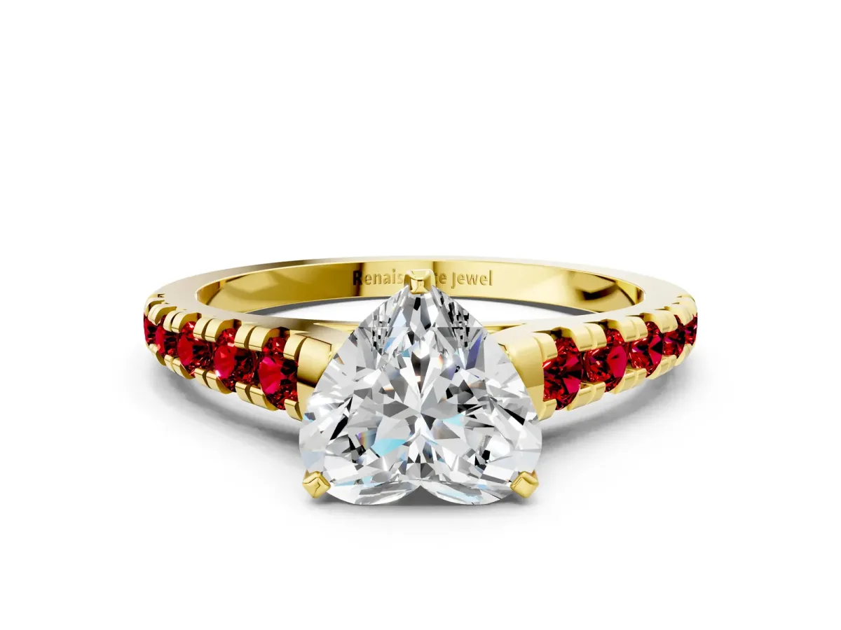 Heart Cut Diamond Cathedral Solitaire Ring with Round Ruby Pavé Band Yellow gold