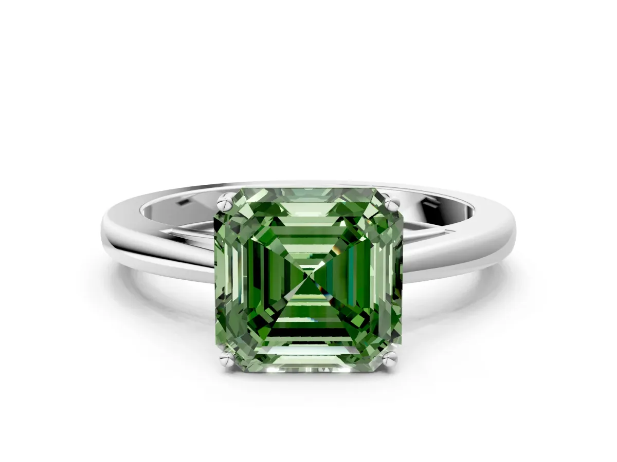 Fancy Green Asscher Cut Solitaire Diamond Ring with Split Shank and Four-Prong Setting Platinum