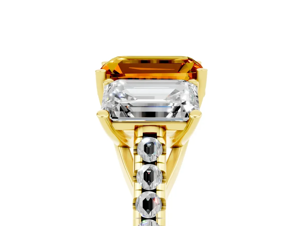 Three-Stone Emerald Cut Citrine Ring with Round Pavé Band and Prong Setting Yellow gold