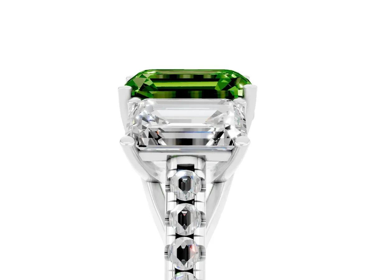 Three-Stone Emerald Cut Peridot Ring with Round Pavé Band and Prong Setting Platinum