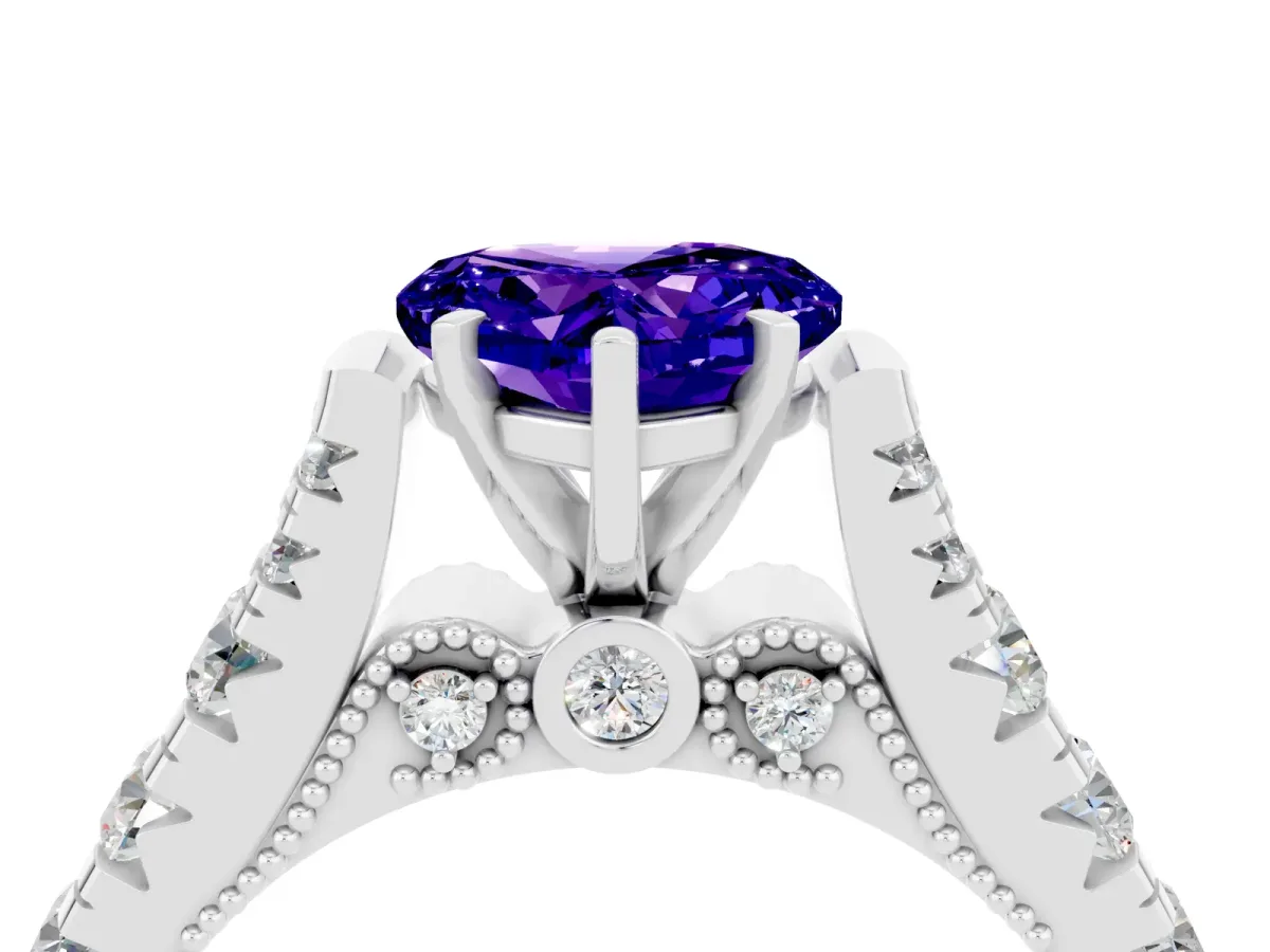 Heart Cut Tanzanite Classic Solitaire Ring with Pavé Band and Four-Prong Setting Silver