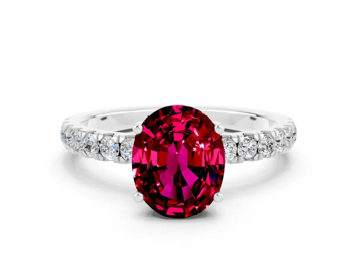 Oval Cut Garnet Pave Band Solitaire Ring with Round and Prong Setting Silver