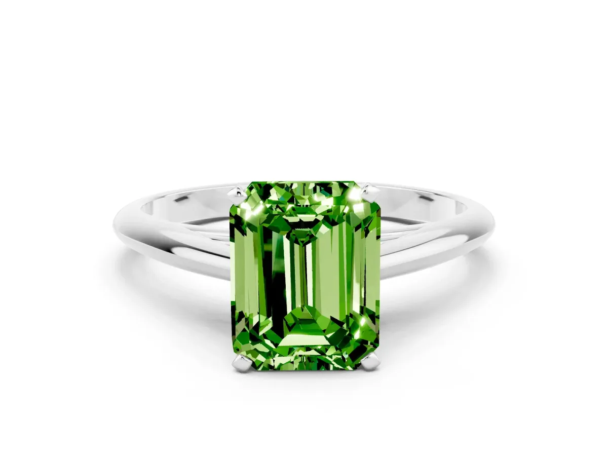 Emerald Cut Peridot Solitaire Engagement Ring with Cathedral Setting and Four-Prong Mount White gold