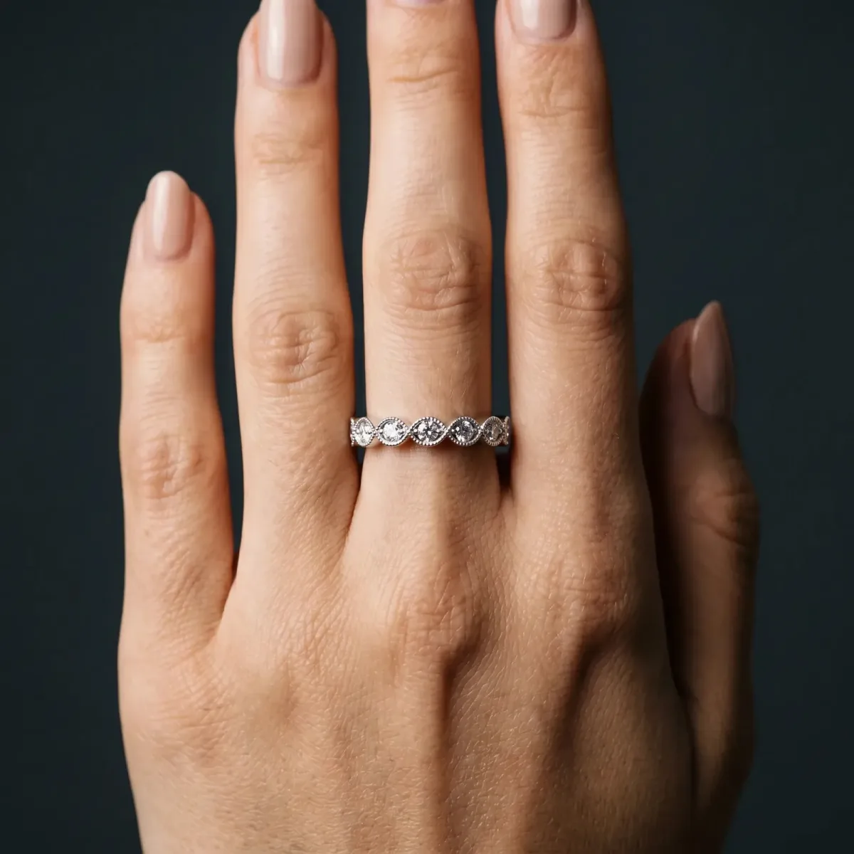 Milgrain Marquise Diamond Eternity Band with Bezel Setting Silver