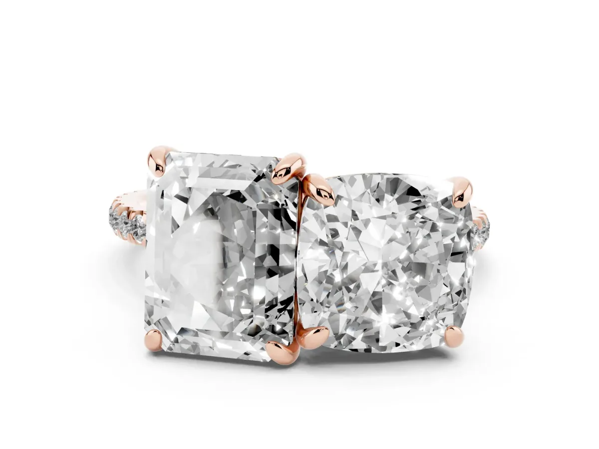 Cushion and Emerald Toi Moi Ring with Prong Setting and Micro Pave Band Rose gold