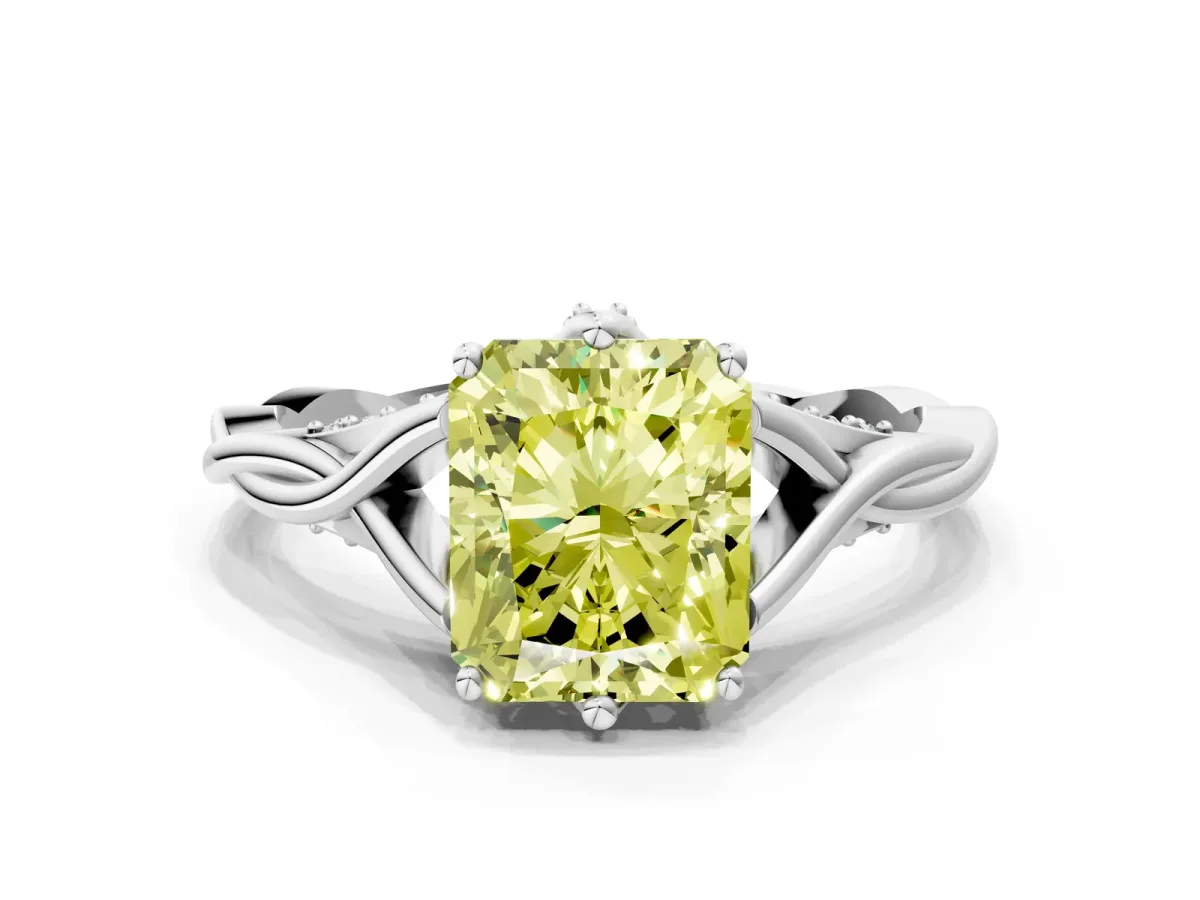 Fancy Yellow Radiant Cut Solitaire Twist Band Six-Prong Setting Platinum