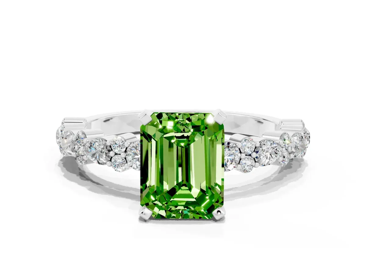 Emerald Cut Peridot Side Stone Solitaire Ring with Round and Four-Prong Setting White gold