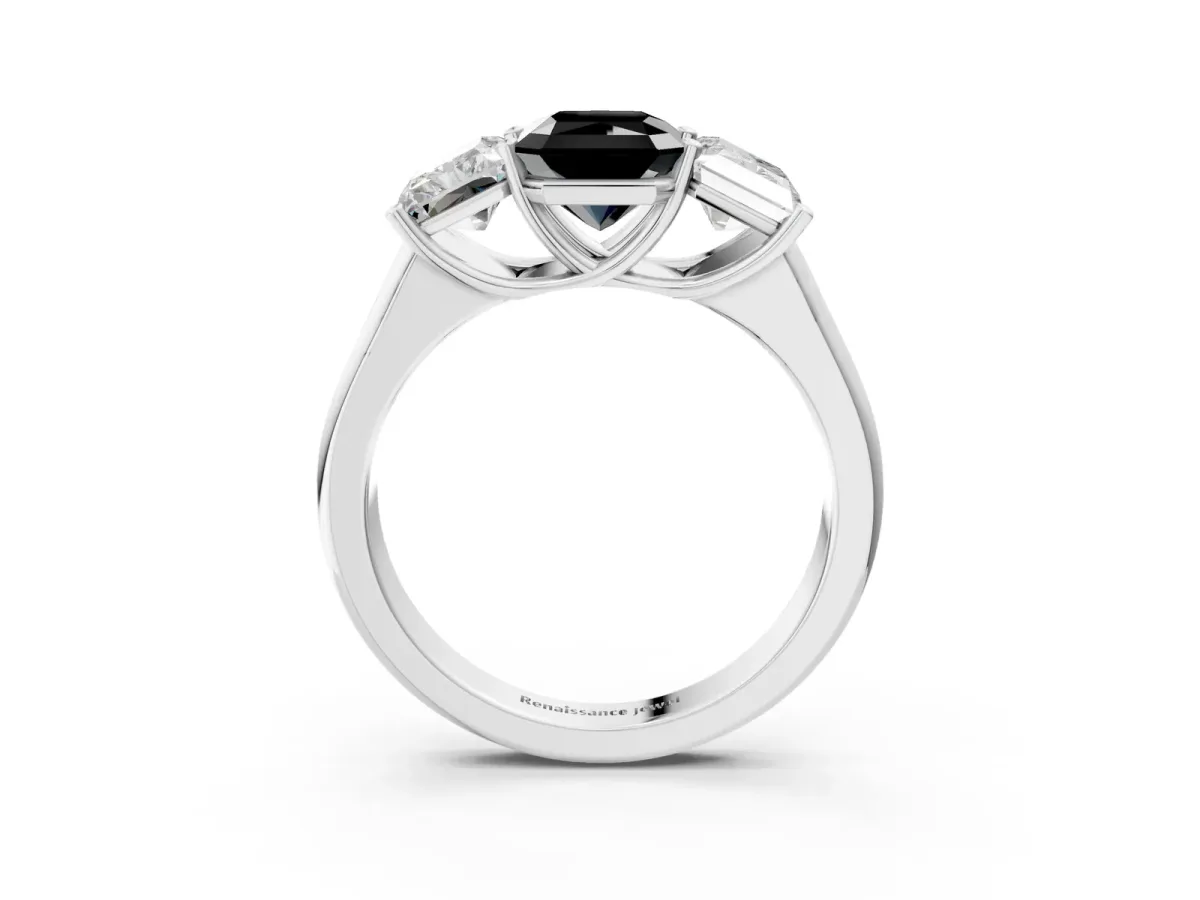 Fancy Black Radiant Cut Three-Stone Diamond Ring with Prong Setting on a Classic Band Platinum