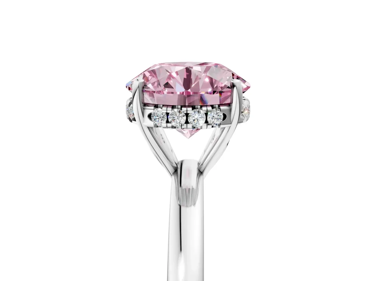 Fancy Pink Round Cut Solitaire Diamond Ring with Prong Setting and Plain Band Platinum