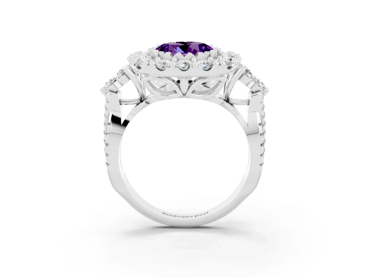 Round Cut Amethyst Halo Ring with Pavé Band and Four-Prong Setting Silver