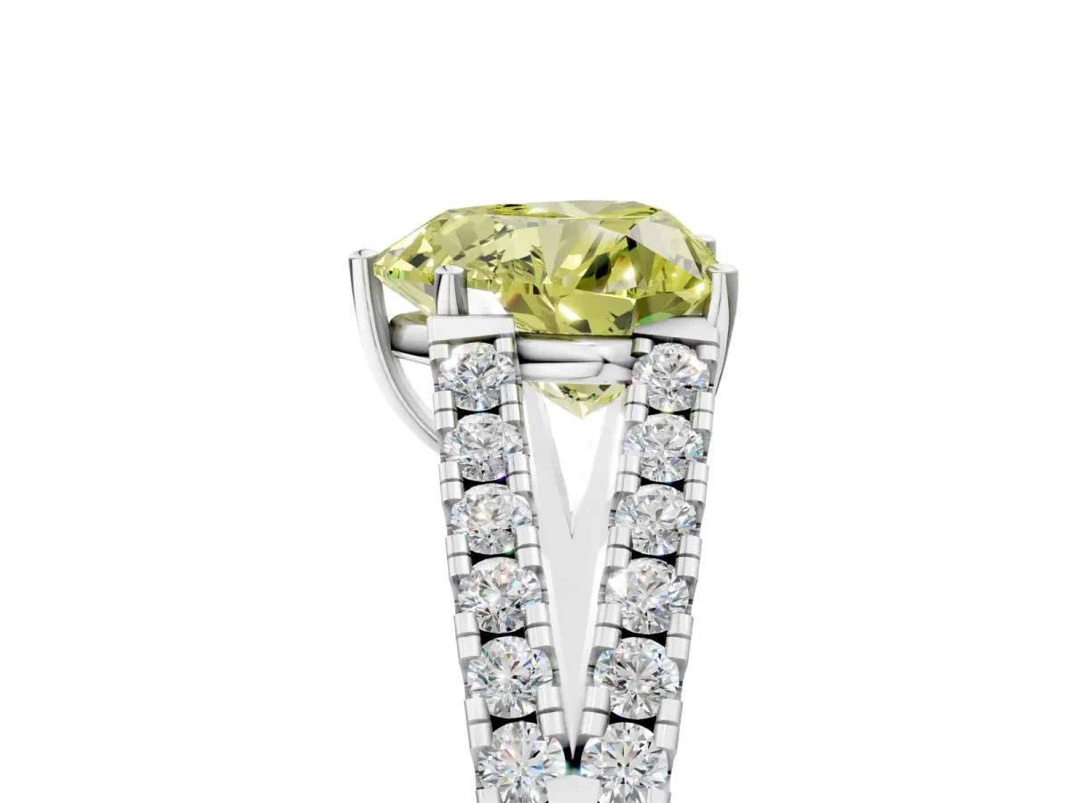Fancy Yellow Heart Cut Diamond Split Shank Pavé Engagement Ring with Four-Prong Setting White gold