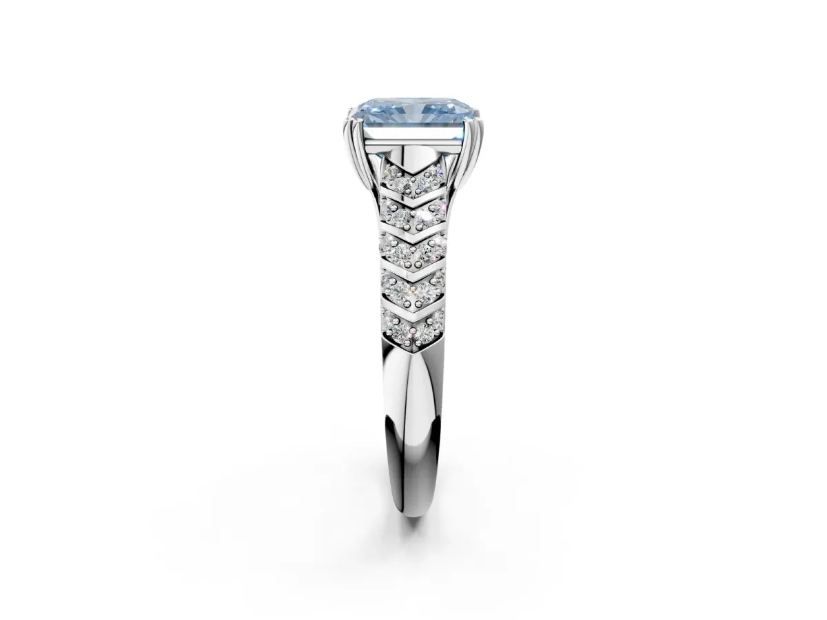 Fancy Blue Radiant Cut Solitaire Chevron Pave Diamond Engagement Ring with Six-Prong Setting Platinum