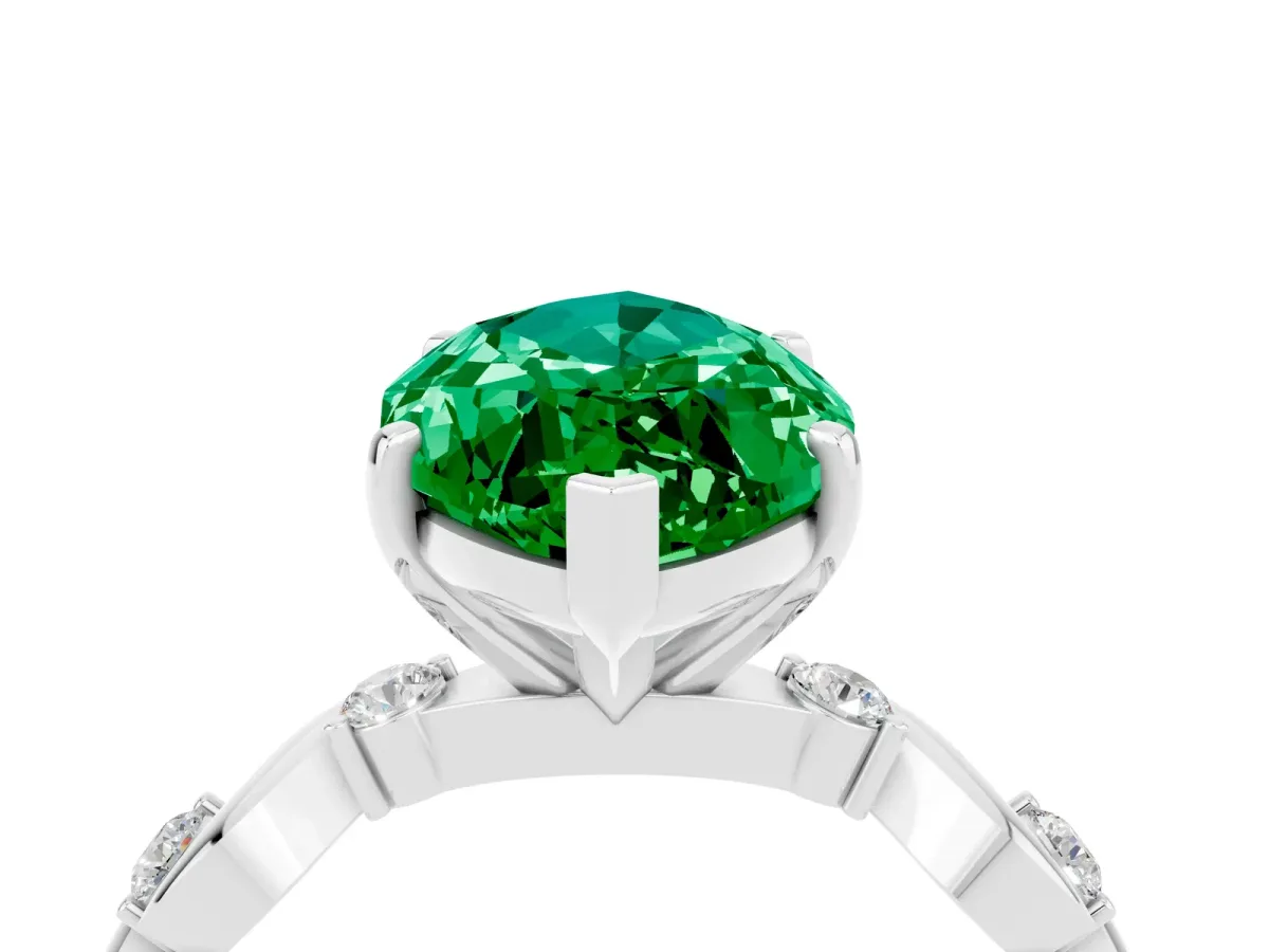 Marquise Cut Emerald Solitaire Twisted Band with Round Accents and Prong Setting Silver