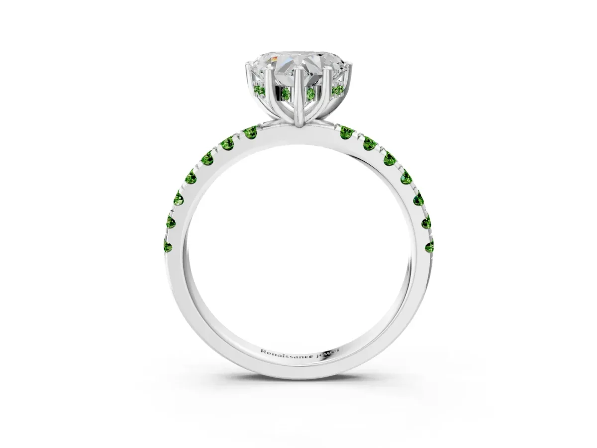 Heart Cut Diamond Pave Band Solitaire Ring with Round Peridot and Prong Setting Platinum