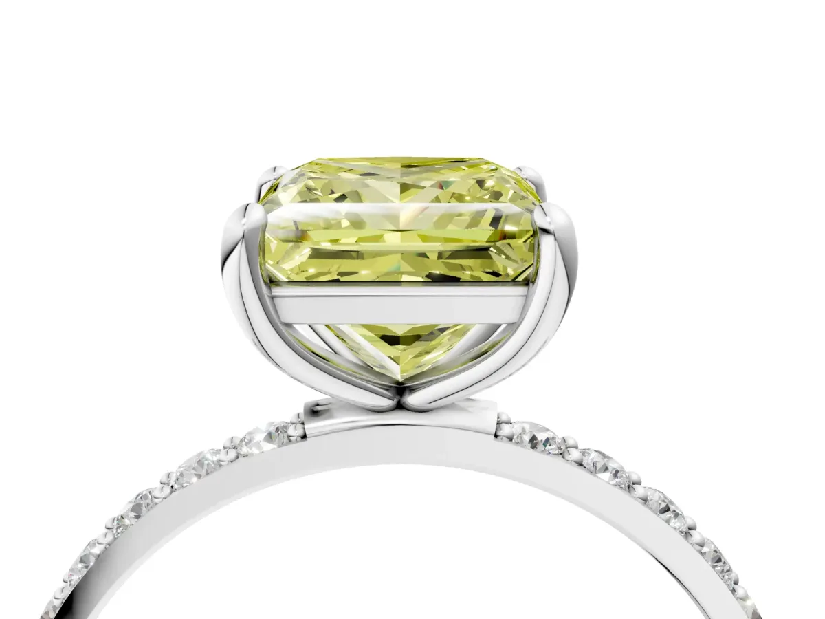 Fancy Yellow Princess Cut Diamond Solitaire Ring with Round Pavé Band and Prong Setting Silver