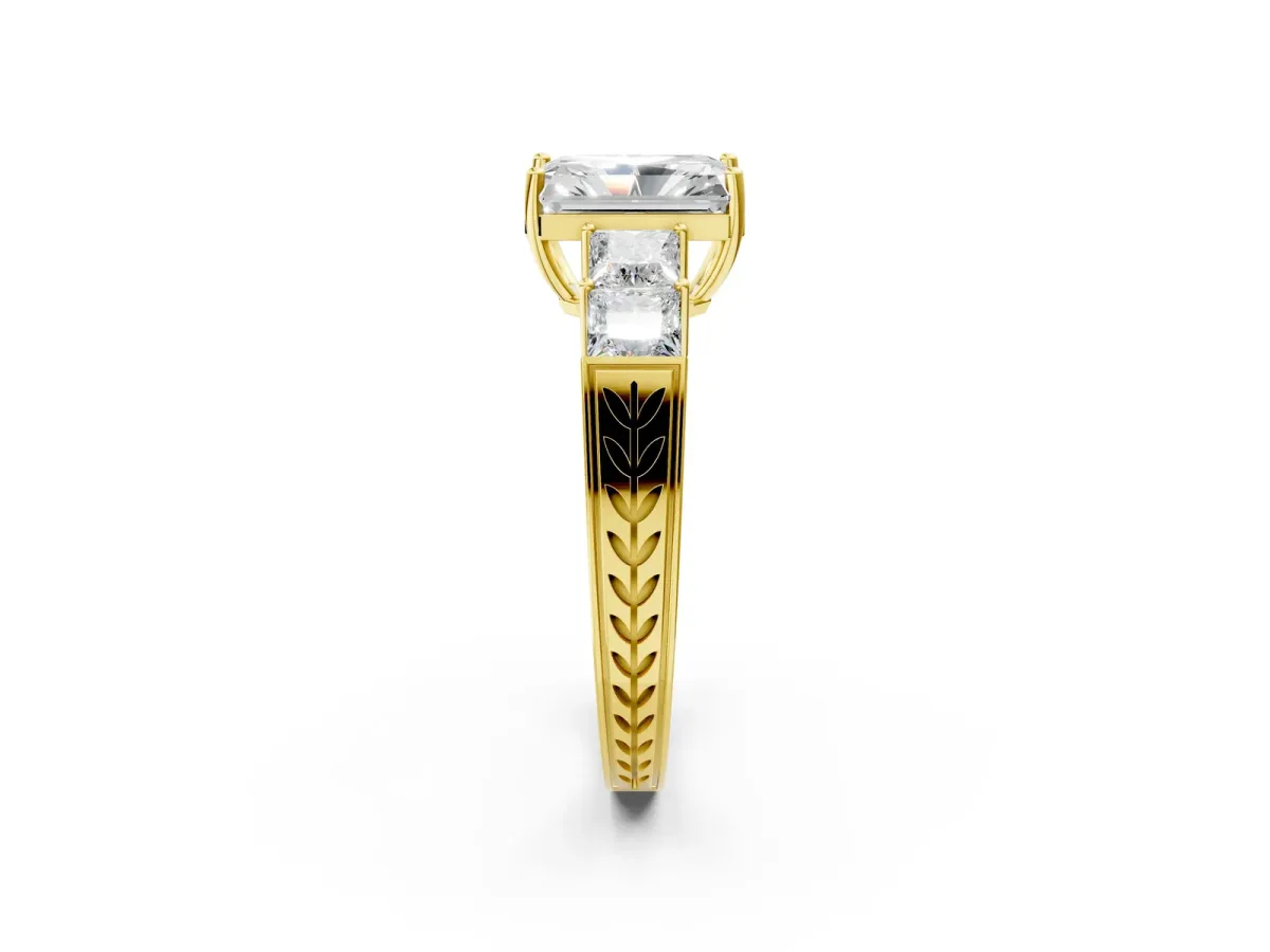 Radiant Cut Solitaire Princess Side Stone Engraved Band Prong Setting Ring Yellow gold