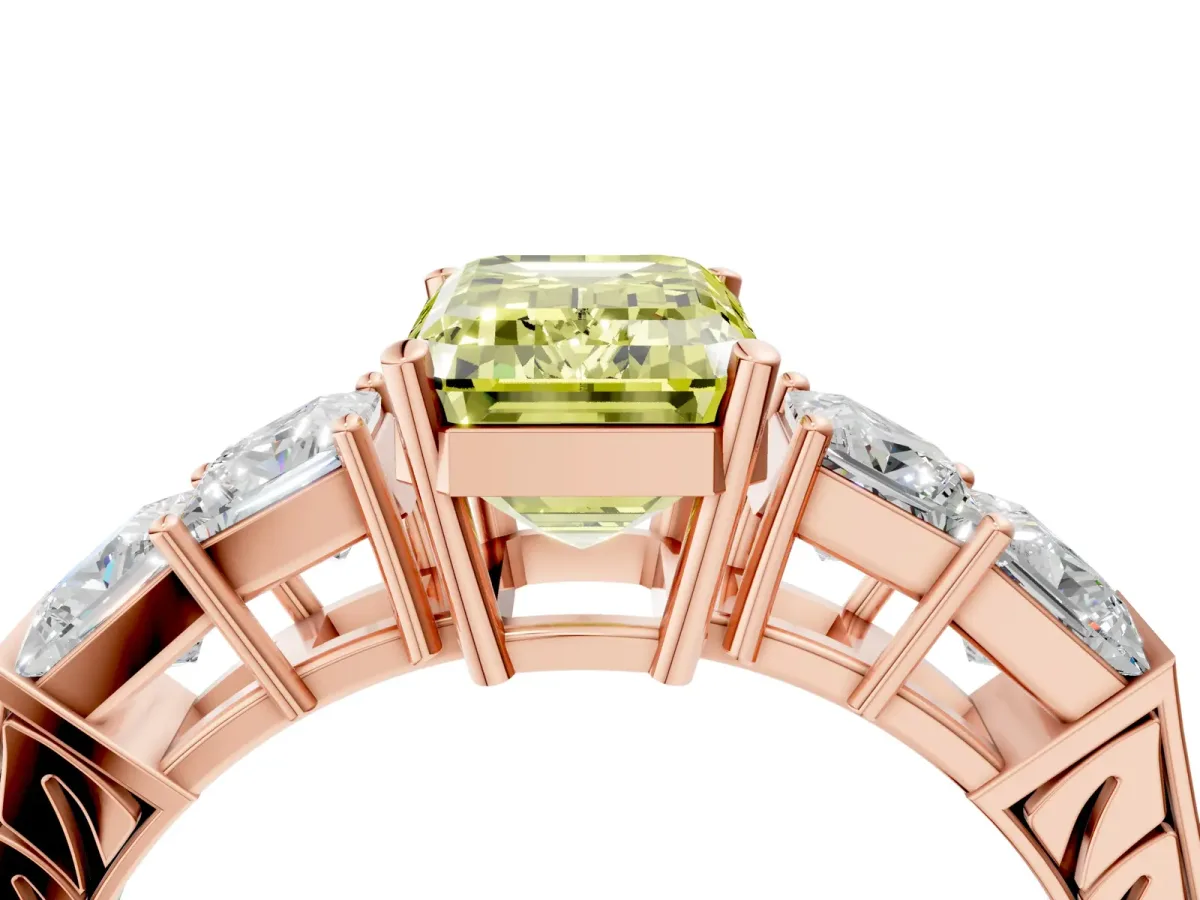Fancy Yellow Emerald Cut Solitaire Princess Side Stone Engraved Band Prong Setting Ring Rose gold