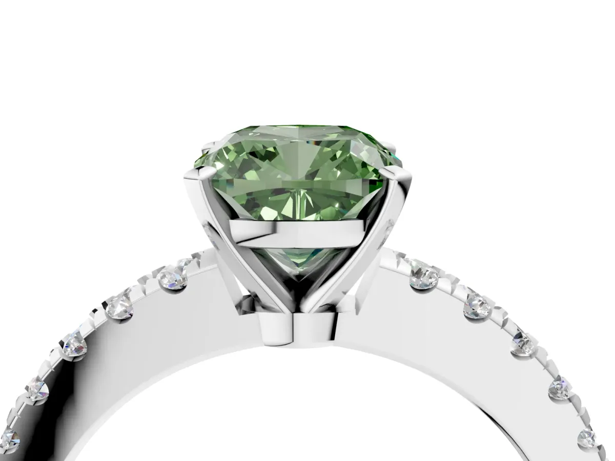 Fancy Green Cushion Cut Solitaire Diamond with Pavé Band and Four-Prong Setting Silver