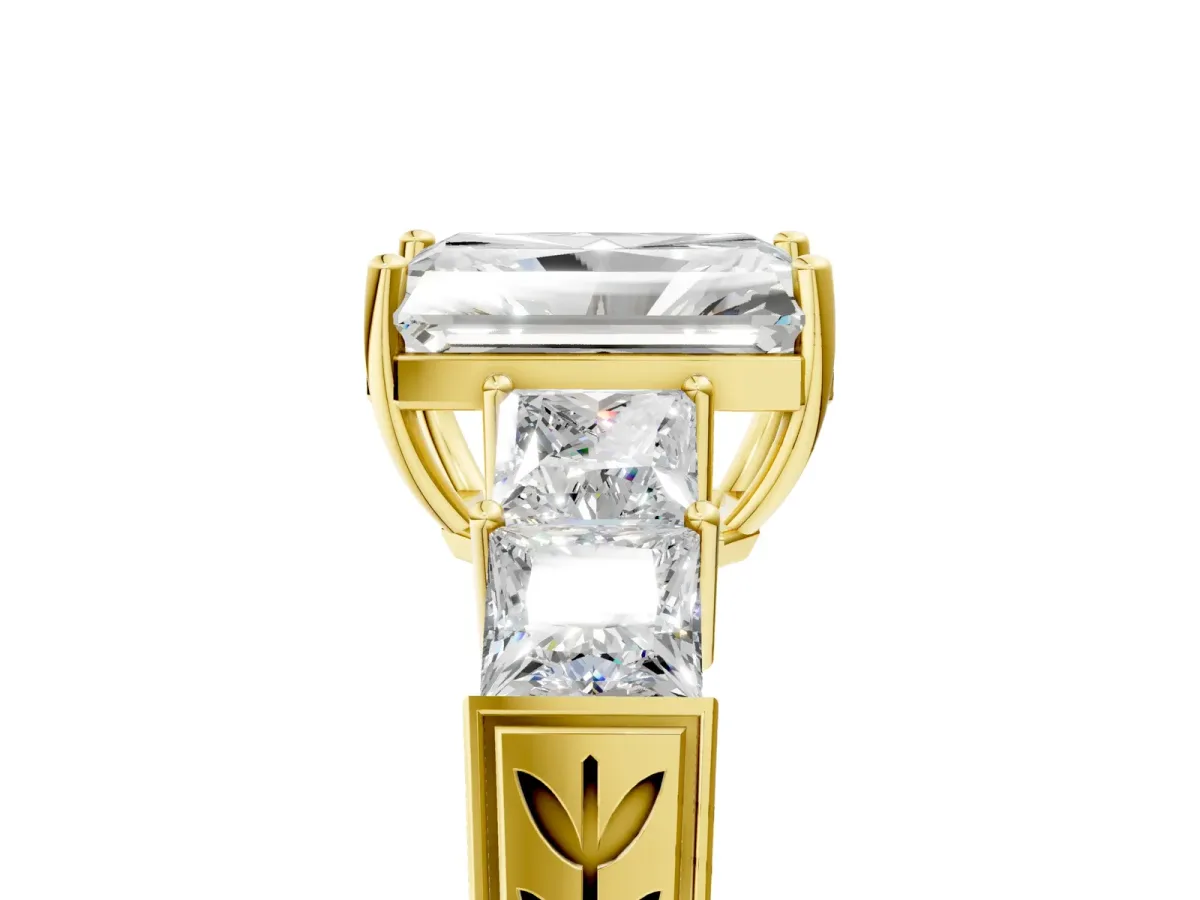 Radiant Cut Solitaire Princess Side Stone Engraved Band Prong Setting Ring Yellow gold