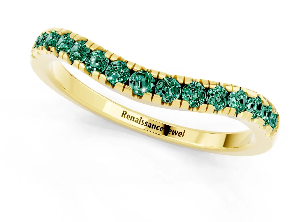 Green Sapphire Pavé Curved Wedding Band Yellow gold