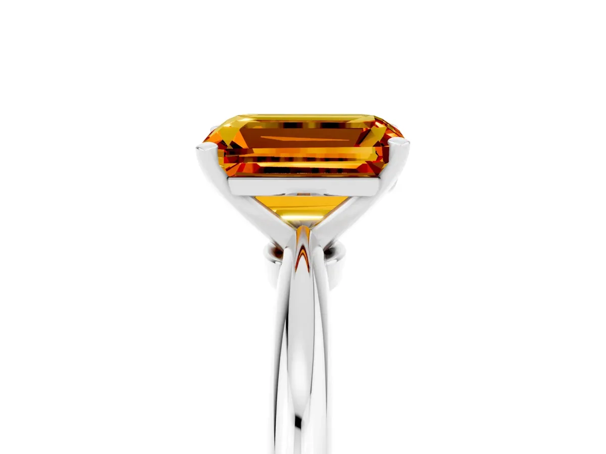 Emerald Cut Citrine Solitaire Ring with Six-Prong Setting and Classic Band Silver