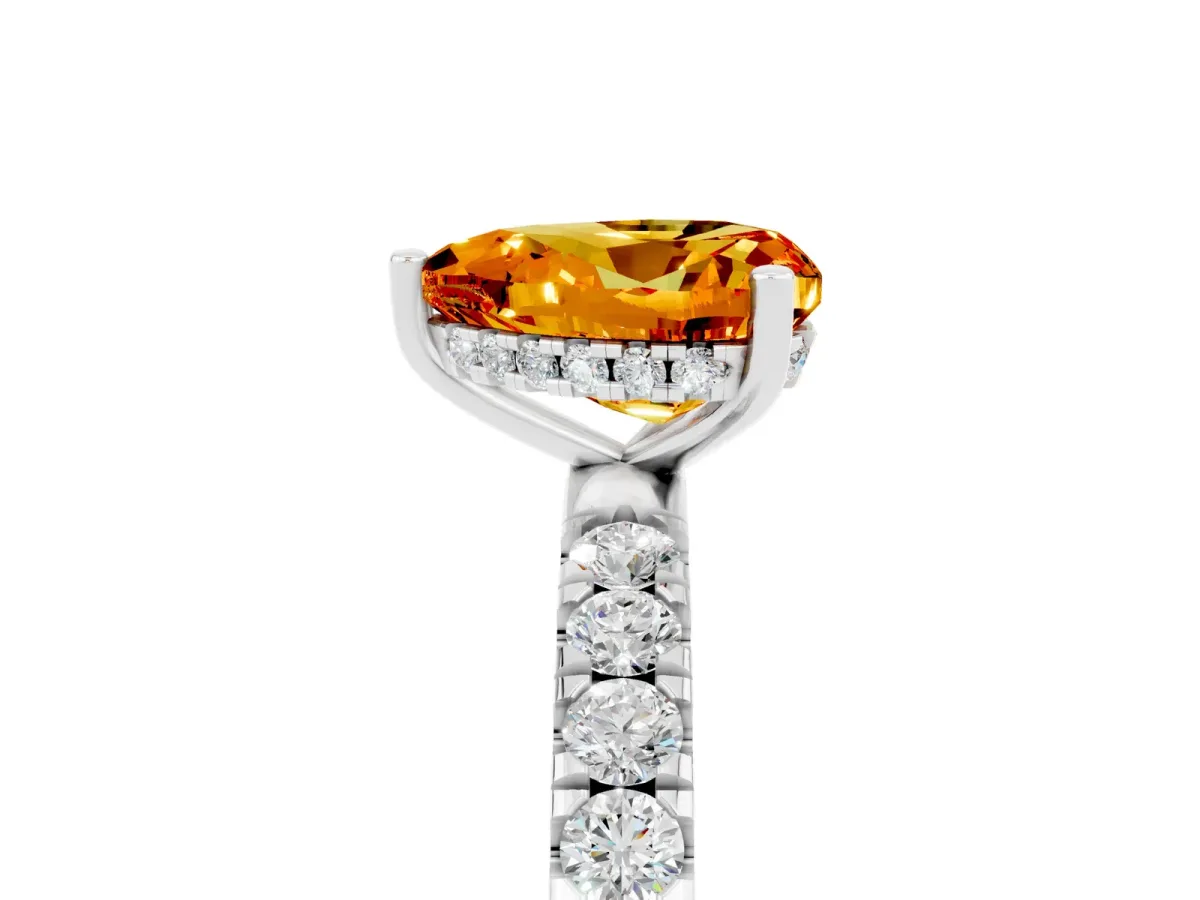 Heart Cut Citrine Pave Band Solitaire Ring with Round and Prong Setting Platinum