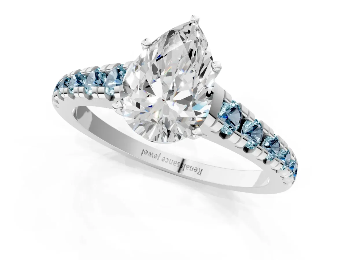 Pear Cut Diamond Cathedral Solitaire Ring with Round Aquamarine Pavé Band Silver