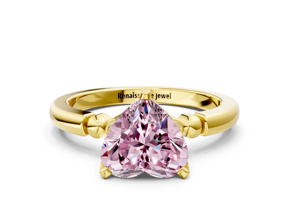 Fancy Pink Heart Cut Solitaire Beaded Band with Four-Prong Setting Yellow gold