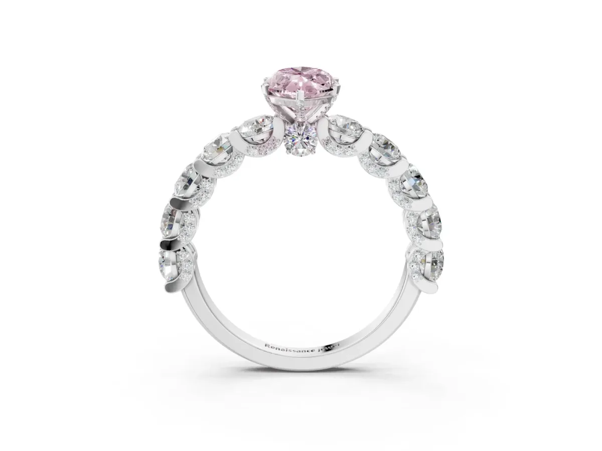 Fancy Pink Marquise Cut Diamond Side Stone Engagement Ring with Four-Prong Setting White gold