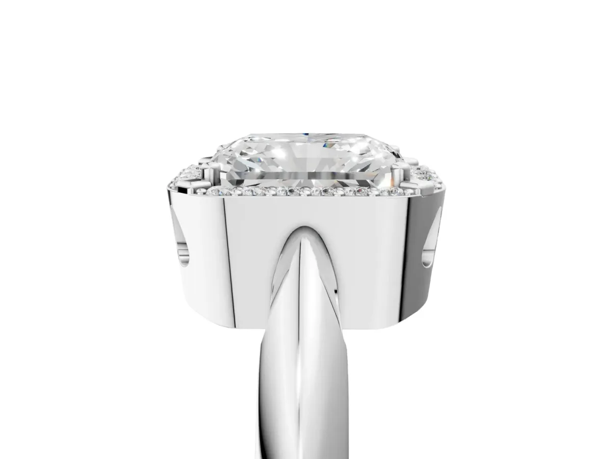 Radiant Cut Cut Diamond Halo Engagement Ring with Split Shank and Four-Prong Setting Platinum