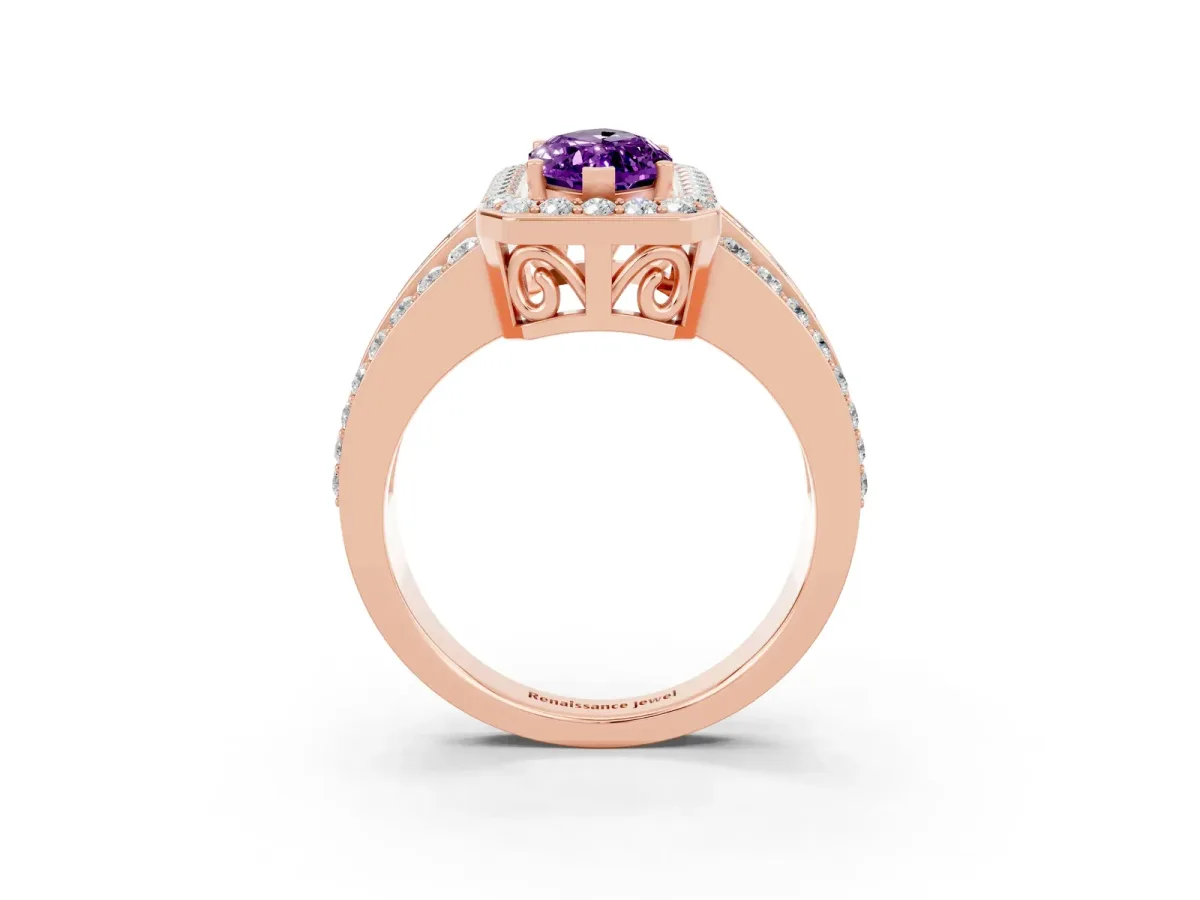 Marquise Cut Halo Amethyst Ring with Round Split Shank and Prong Setting Rose gold