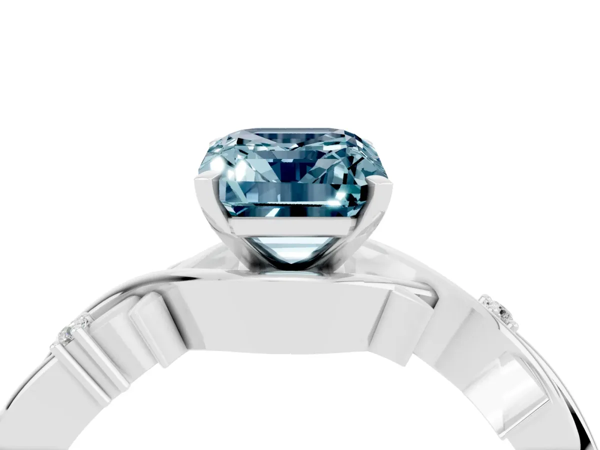 Emerald Cut Aquamarine Solitaire Ring with Twisted Band and Prong Setting Platinum