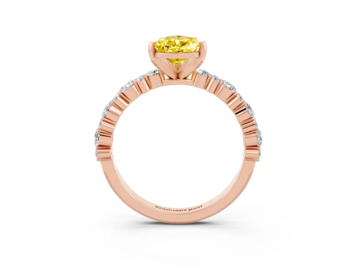 Pear Cut Yellow Sapphire Side Stone Solitaire Ring with Round and Four-Prong Setting Rose gold